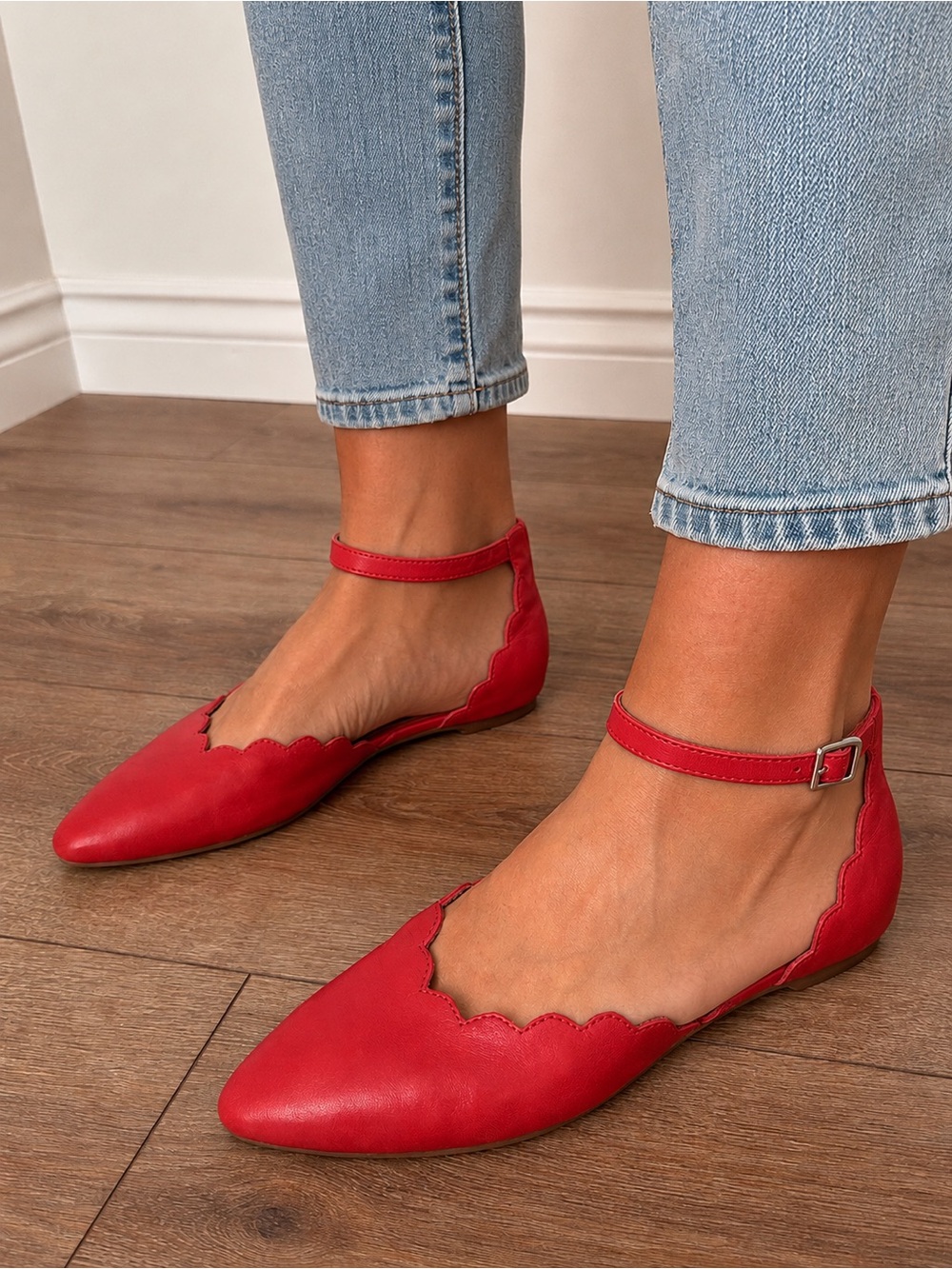 Miz Mooz Red Leather Scalloped Ankle Strap Flats Size EU 37